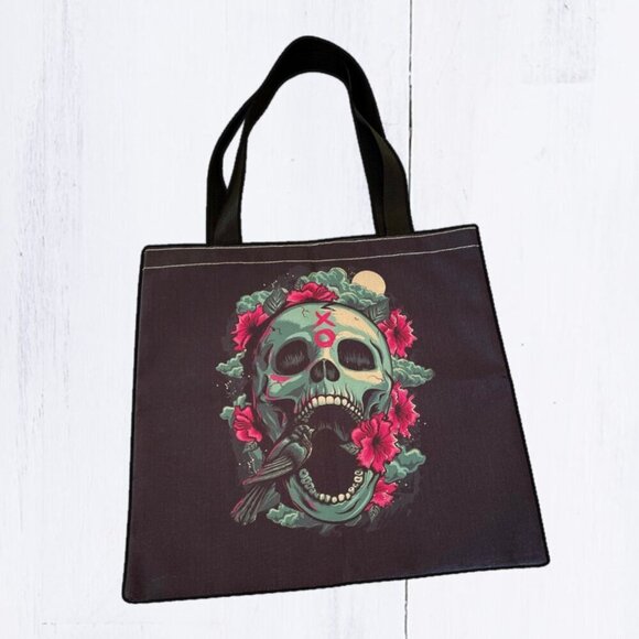 Screaming Skulls Roses XO Gothic Painted Fabric Casual Tote Bag - Picture 1 of 5